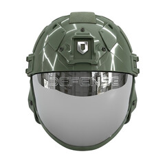 Modern tactical helmet with clear visor and olive green exterior featuring metallic accents and a crest emblem isolated on a white background