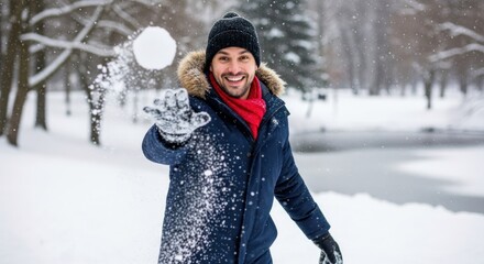 A man in a winter coat throwing a snowball in a snowy park.