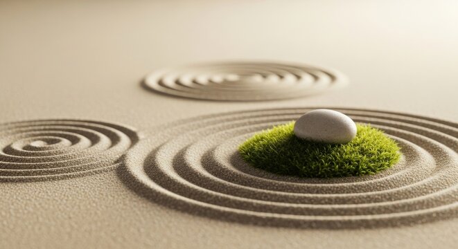 Serene zen garden features concentric raked sand circles around a smooth stone resting on vibrant green moss.