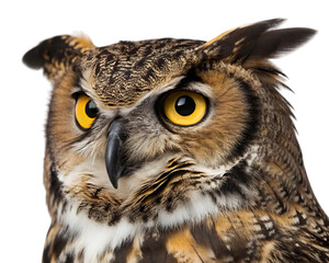 Obraz premium Detailed close up of a great horned owl looking intently in a studio setting with clarity