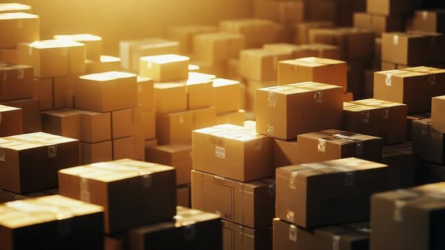 Stacked cardboard boxes filling a busy warehouse for logistics