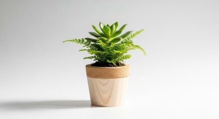 Obraz premium Small green succulent and fern plant growing in a minimalist cork and wood pot isolated on a white background.