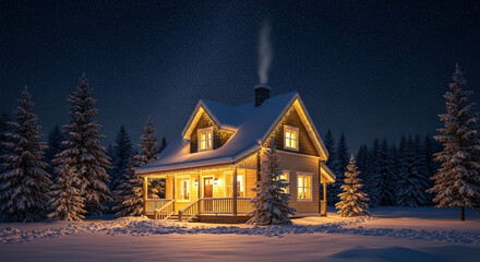 Cozy Snow Covered Cabin Amongst Pine Trees Under a Starry Night Sky