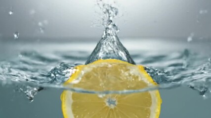 A fresh lemon slice creates a dynamic splash and ripple effect in clear water - Powered by Adobe