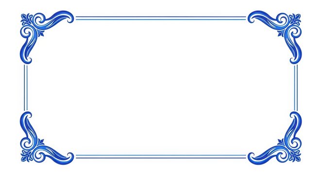A clean, elegant frame featuring a simple, solid blue line border and highly decorative, swirling ornamental corner details on a bright white background, ornamental, clarity, clean
