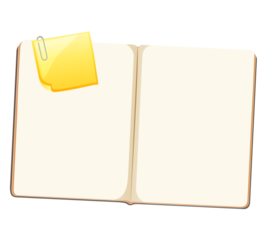 Open notebook with yellow sticky note attached