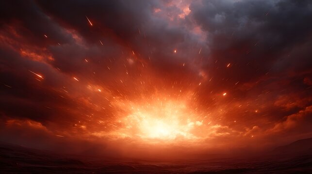 Dramatic fiery explosion erupts in stormy skies above turbulent ocean waters at dawn scattering debris