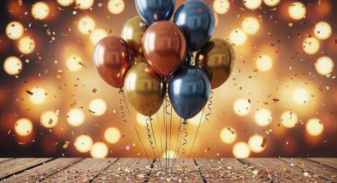 A festive bunch of balloons in copper, gold, and blue colors floating upwards with confetti against a bokeh background