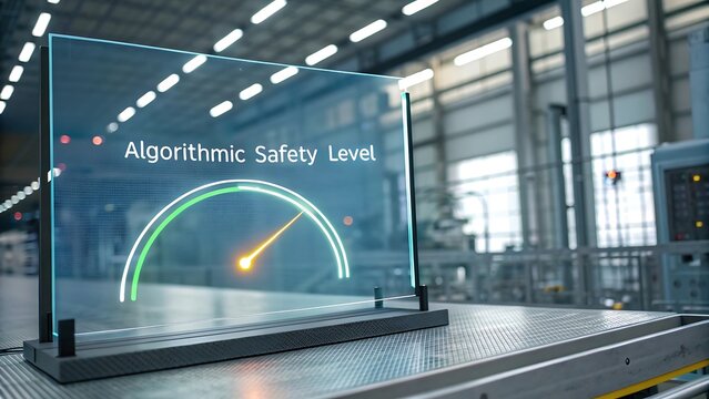 Algorithmic safety level on transparent display in modern factory.