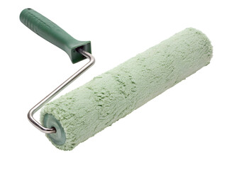 Green paint roller with handle resting diagonally on a black surface ready for painting
