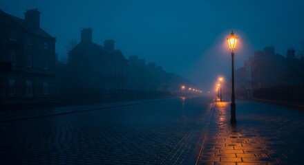 Streetlights illuminate a foggy night street with wet cobblestone pavement and dark historical buildings.