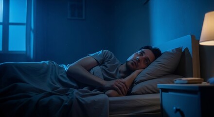 Stressed man lying awake in bed at night suffering from insomnia, anxiety, and sleep disorder.
