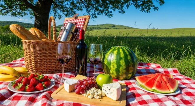 A picnic basket filled with bread, wine, fruits, and cheese on a red and white checkered tablecloth in a lush green field under a tree with a clear blue sky.