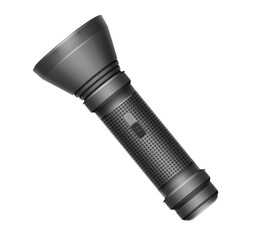 Silver flashlight on black background in darkness