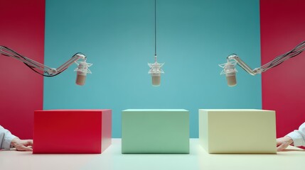 Dynamic audio exploration with minimalist geometric shapes and contrasting colors reflecting creative engagement and innovative dialogue captured with clarity