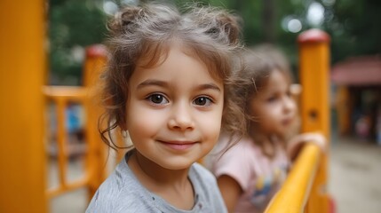 A happy young girl with curly hair smiles brightly on a colorful playground with another child blurred in the background