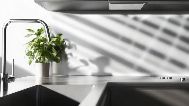 Modern kitchen interior with sunlight creating shadows