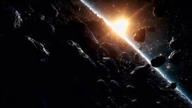 Digital art scifi wallpaper background. A highresolution space scene featuring asteroids in outer space. The asteroids are illuminated by a bright light source, possibly the sun.