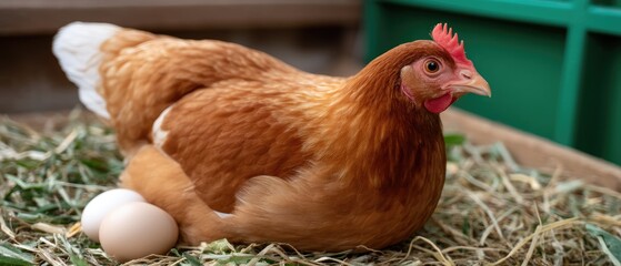 Beautiful hen laying eggs in a cozy nest on a farm in the early morning light, capturing natural farm life and nurturing behavior