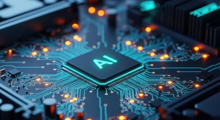 Closeup of a glowing blue ai chip on a circuit board, symbolizing artificial intelligence and technology
