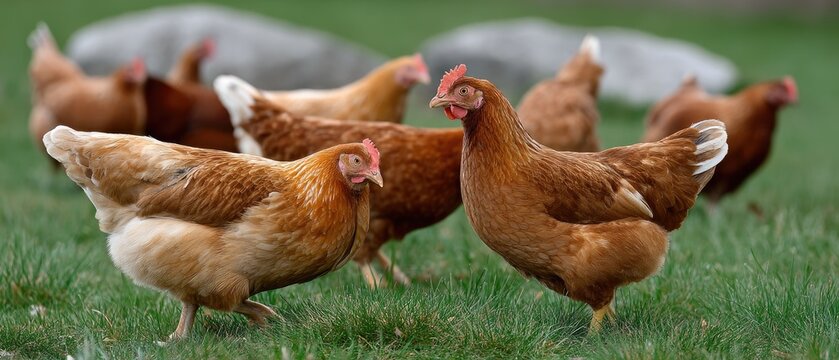 Farmer feeds chickens on a sunny day at the farm with hens enjoying fresh grass in a lush meadow