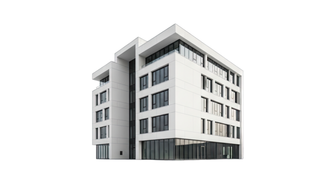 Modern White Office Building With Glass Windows And Geometric Facade Isolated On A Transparent Background
