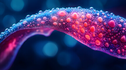 Curved leaf with water drops and vibrant color