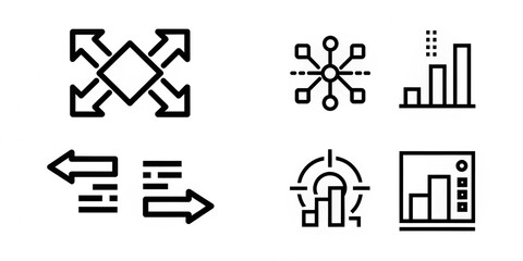 A collection of six different black and white data and chart related line art icons in a grid layout created with generated ai