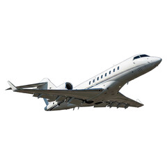 Modern White Private Jet Ascending Against a Clear Blue Sky with Detailed Fuselage and Winglets in Bright Sunlight