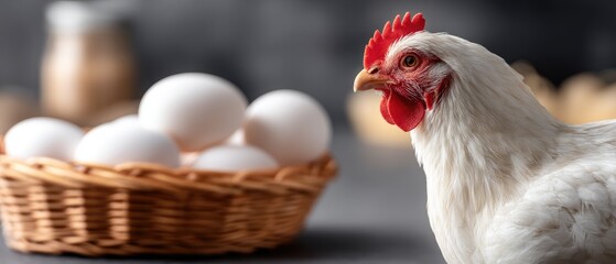 Fresh eggs in a basket with a hen in front, showcasing farm life during daylight hours