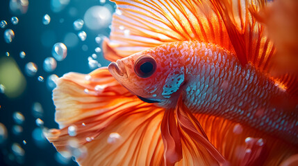 Orange betta fish swimming in blue water