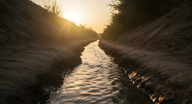 The gentle movement of water in a narrow falaj channel.