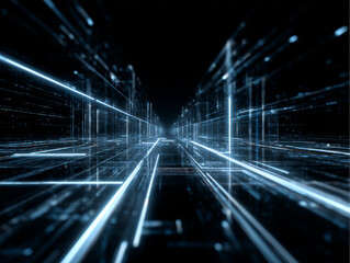 Glowing blue-white cyber grid tunnel on a pure black background, futuristic sci-fi perspective