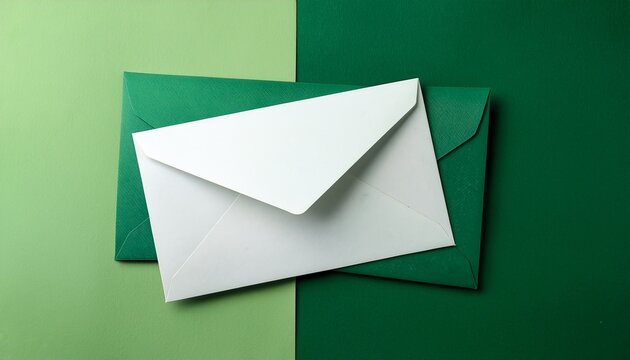 white envelope on top of two green envelopes on a two tone green background for correspondence