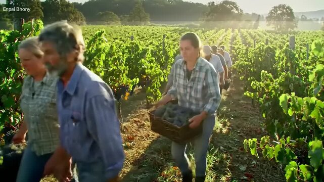 Grape harvesters carrying baskets in vineyard.