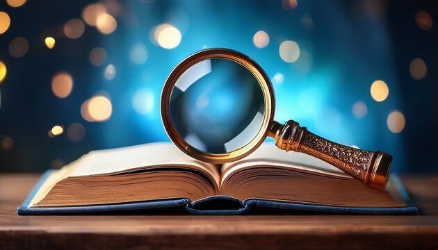 a magnifying glass perched on top of an open book great for finding references or highlighting important passages