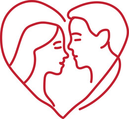 Minimalist red line art of a couple embraced within a heart shape symbolizing love and romance