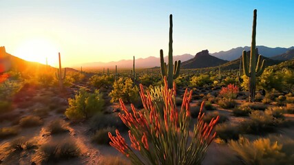Majestic cactus plants standing tall amidst rugged mountains bathed in warm golden light of setting sun, capturing serene atmosphere perfect for conveying themes of peaceful introspection or.