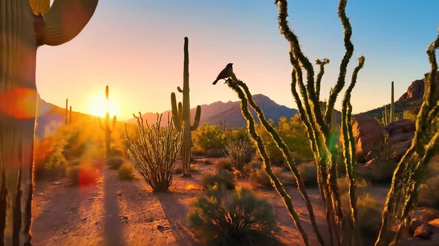 Majestic cactus plant stands tall in the desert landscape as the sun sets behind it, capturing the essence of a serene and peaceful atmosphere, perfect for conveying themes related to light.