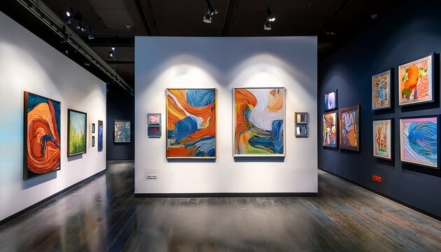 a contemporary art gallery displaying various abstract pictures on its walls