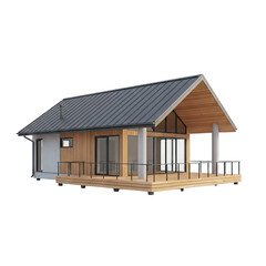 Modern Wooden House With Red Roof And Large Glass Windows Isolated On White Background Architectural Design Clean Isolated Realistic 3D Render