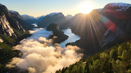 A serene valley landscape with a tranquil lake surrounded by misty mountains at dawn perfectly captures the concept of balance between natures majesty and human tranquility inviting viewers to.
