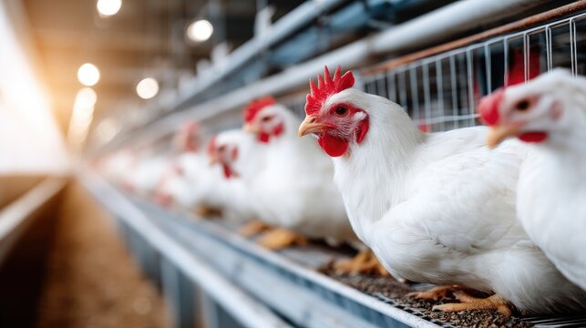 Poultry hens in cages feeding on a chicken farm with a broiler production plant in the background