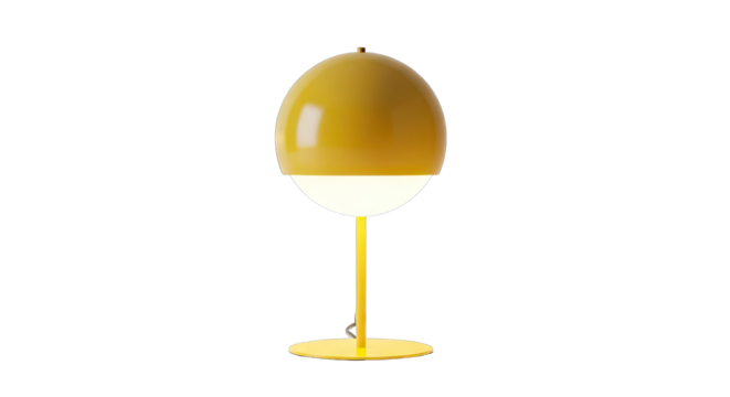 Modern Yellow Sphere Lamp with Integrated Light on a Thin Stem and Circular Base Illuminated by a Soft White Glow Against a Transparent Background
