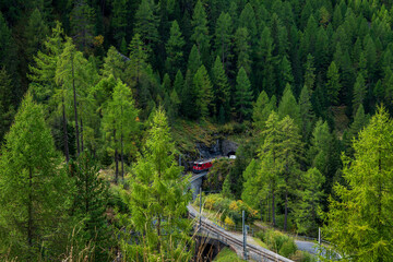 View of a freight train in the Swiss Alps.