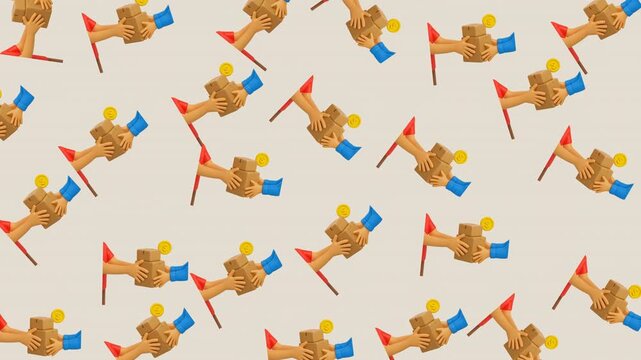 Playful shopping doodle pattern of hands, boxes, coins, and red flags. Perfect for retail, sales, finance, or online shopping concepts.