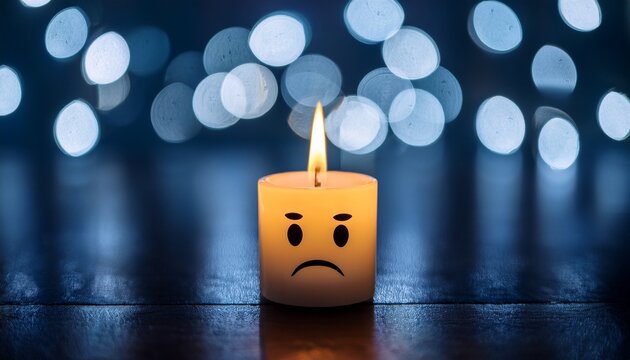 a single candle with a sad face burns brightly against a blurred background of bokeh lights creating a somber mood
