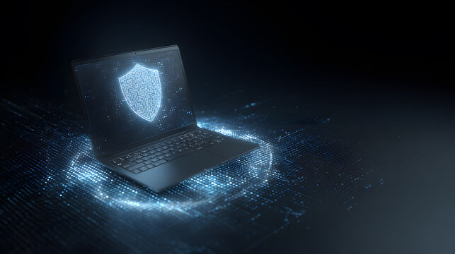 Cybersecurity protection shield hologram around laptop, glowing grid, dark background, digital security concept, high detail.