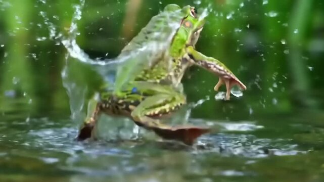 Green Frog Swimming in Water.