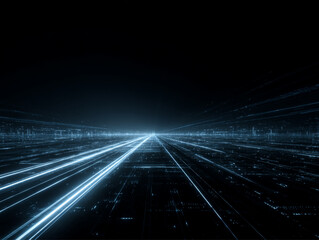 Futuristic glowing blue-white digital grid tunnel in deep black void, sci-fi cyberspace, with converging lines and volumetric light